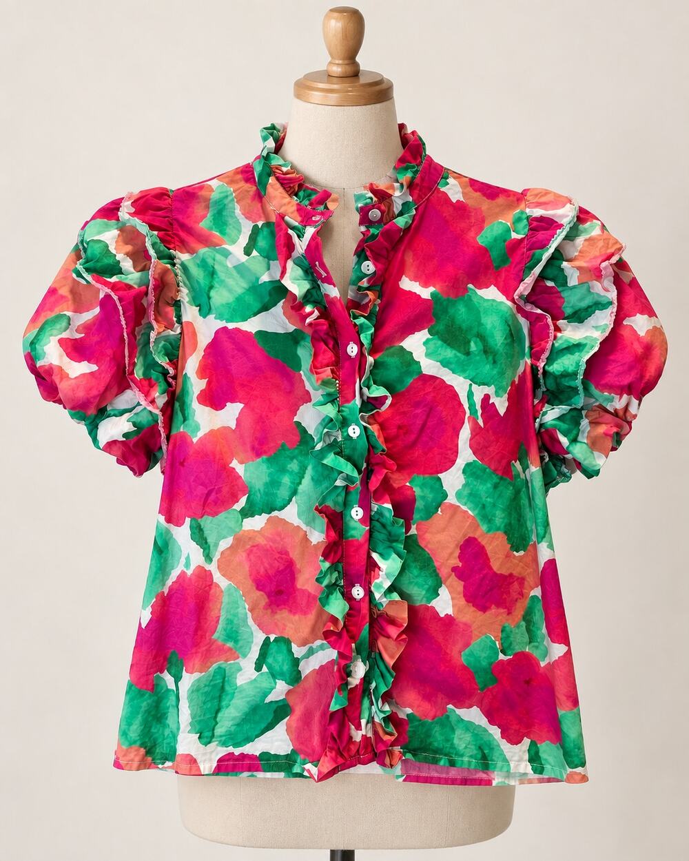 Love the Label Floral Ruffle Puff Sleeve Blouse Pink Green Multi M $250 Button